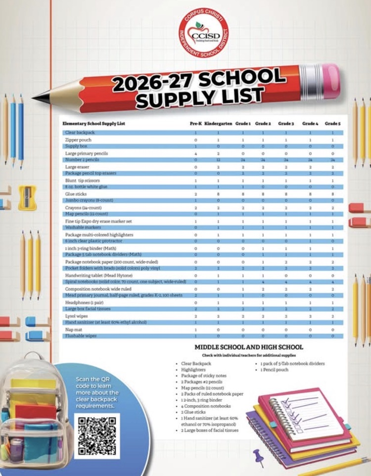 2026-2027 CCISD School Supply List