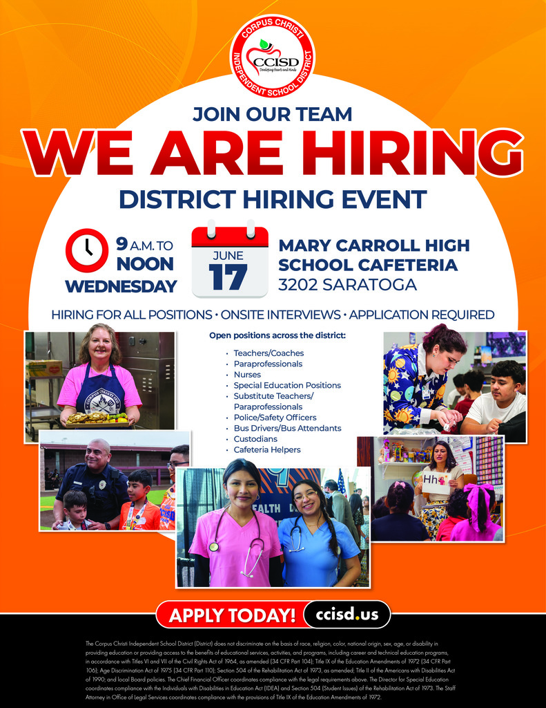 June 17 CCISD job fair. Carroll High School, 3202 Saratoga. 9 a.m. to noon.