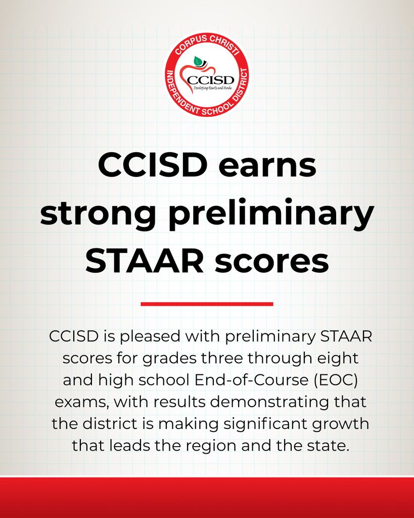 A white background with red and black text. "CCISD earns strong preliminary STAAR scores" is in bold. Text discusses positive STAAR results.