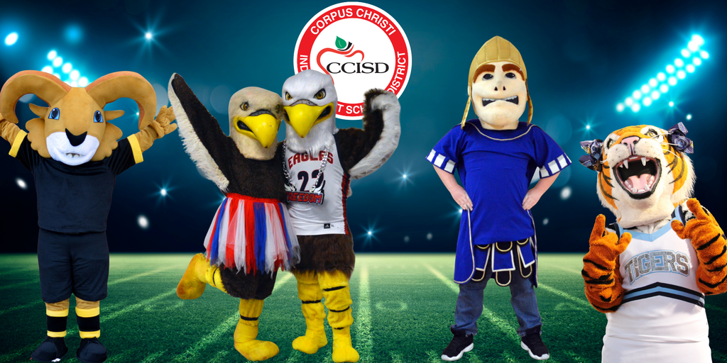 Five mascots in costumes are posing on a football field. One has a ram head.