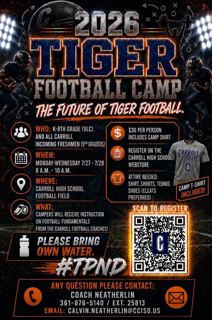 🏈☀️ SUMMER OF THE TIGER: FOOTBALL CAMP ☀️🏈  Future Tigers, this is where it starts. 🐅🔥  🏈 Run fast. 💪 Hit hard. 🐅 Earn your stripes.  The future of Tiger Football is loading…  #SummerOfTheTiger #TigerFootball #TigersOnTheRise #TPND 