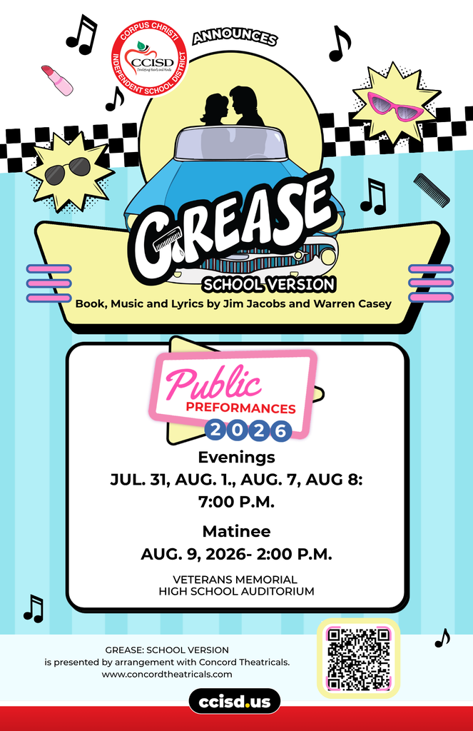 A colorful flyer for a Grease school version. Event details: Evenings July 31-August 8, matinee August 9.