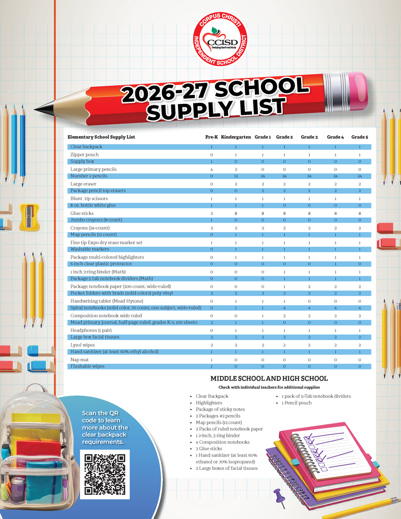 School supply list for 2026-2027 includes pencils, pens, paper, and other items. A backpack with supplies is also shown.