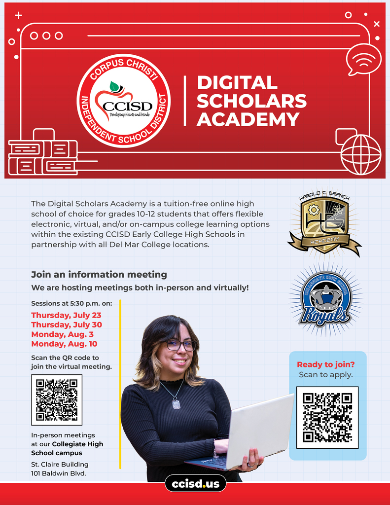 Red and white poster with a woman in glasses holding a laptop. Text reads "Digital Scholars Academy". Two QR codes below.