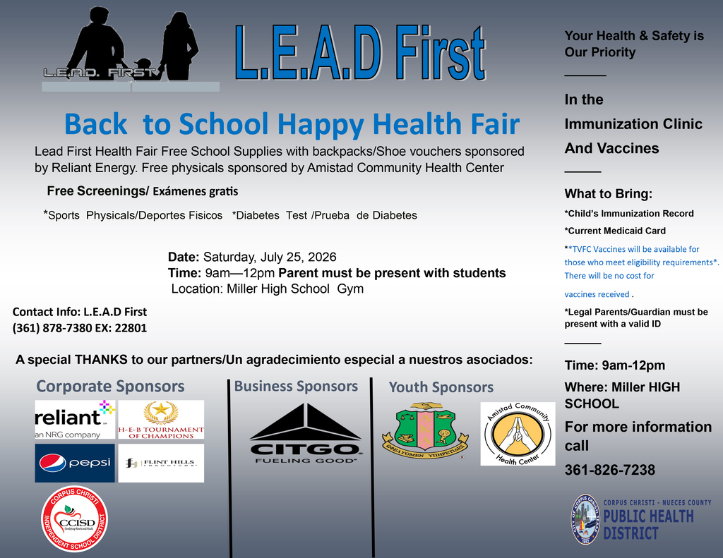 A flyer for a Back to School Happy Health Fair with text, logos, and contact information.