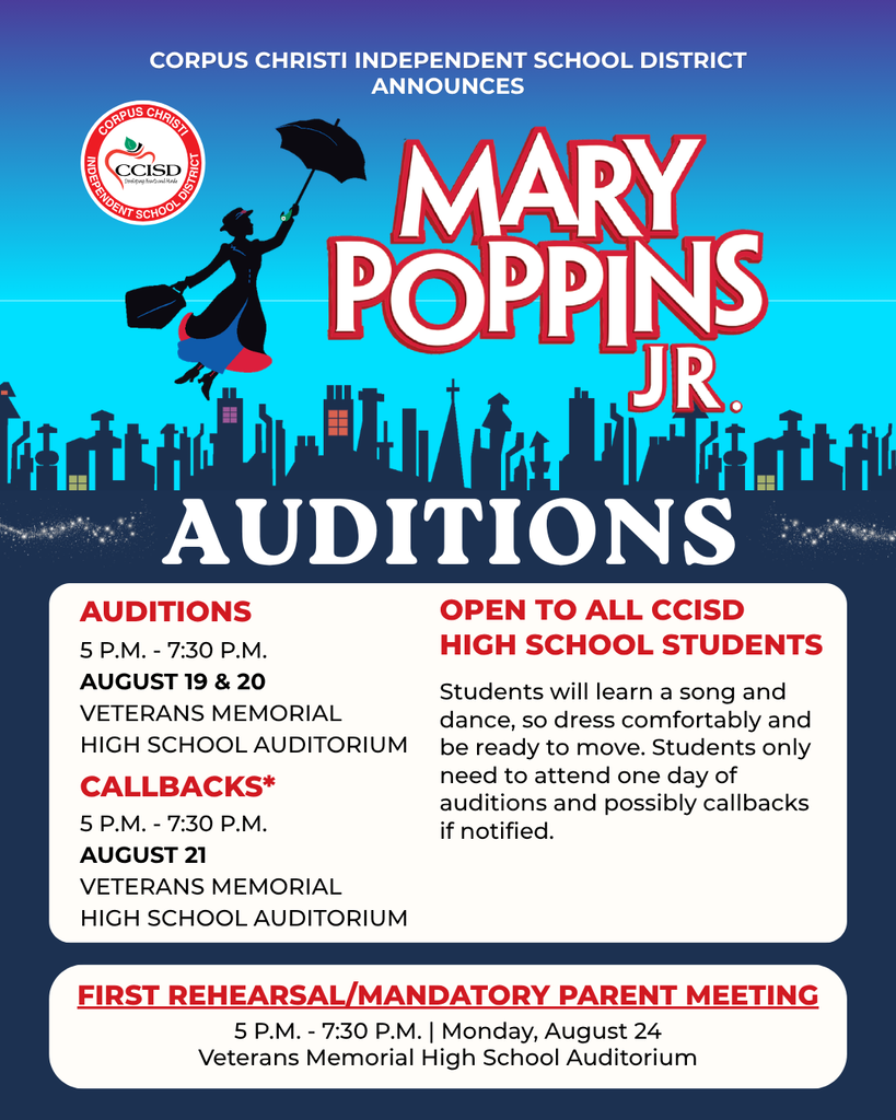 Blue and white flyer for Mary Poppins Jr. auditions. Details include dates, times, and locations.