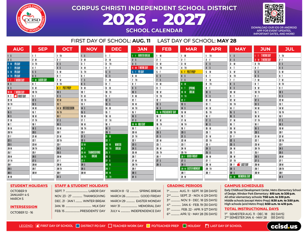 School calendar for Corpus Christi Independent School District from 2026 to 2027. Dates for the first and last school days, student holidays, staff holidays, grading periods, and campus schedules are listed.
