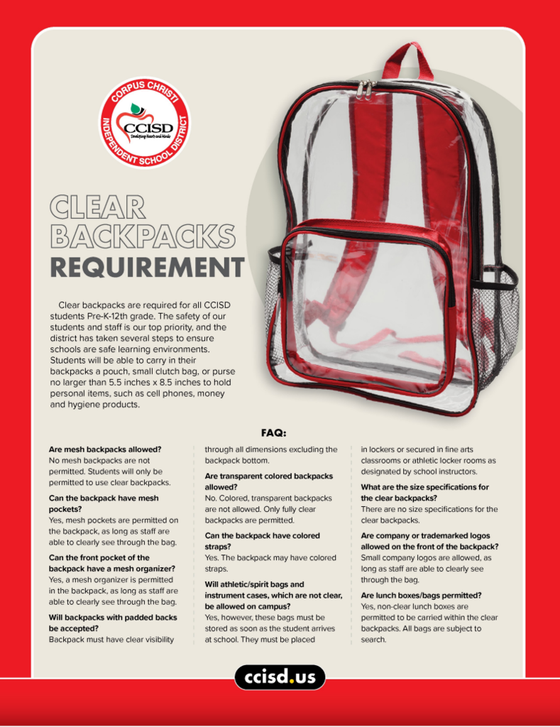 A red and white graphic shows a clear backpack against a white background. Text is below the graphic.