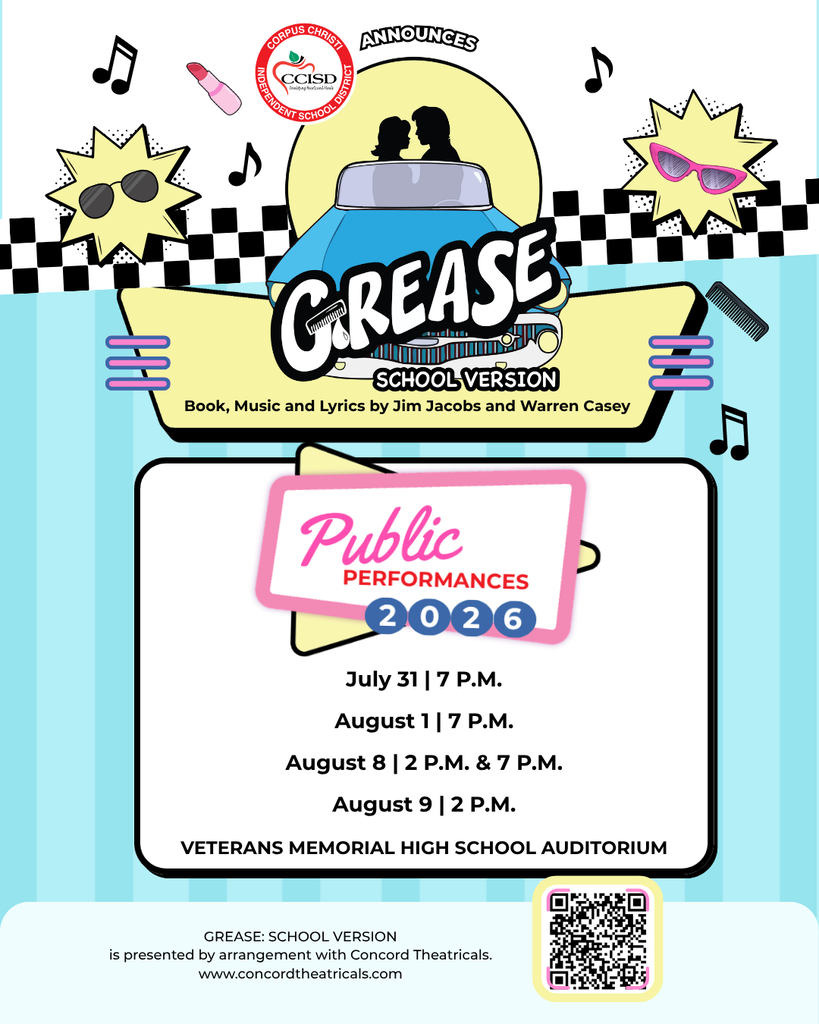 Flyer for Grease School Version Public Performances in 2026. Dates listed with a QR code at bottom.