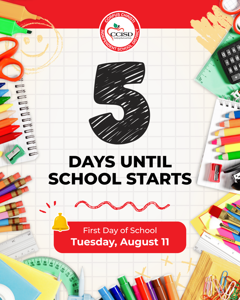 Poster with a countdown to the first day of school, displaying the number "5". Various school items like pencils, notebooks, and a calculator are shown.