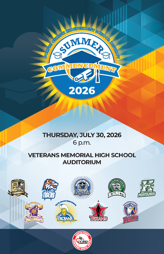 A poster with a blue and orange background features the words "Summer Commencement 2026" and "Thursday, July 30, 2026, 6 p.m."