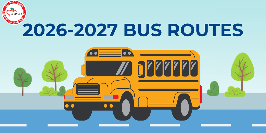 Illustration of a yellow school bus with "2026-2027 Bus Routes" above it. Background includes trees and road.
