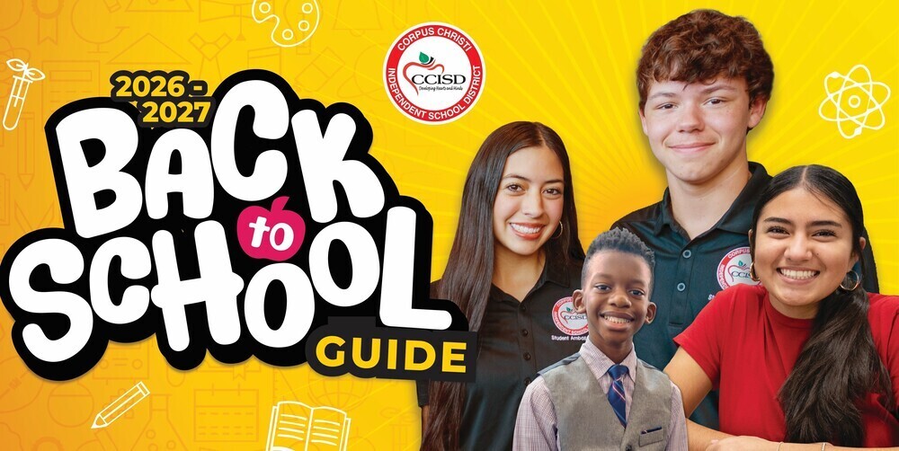 Group of four students smiling for a photo with the text "BACK TO SCHOOL GUIDE" and "2026-2027".