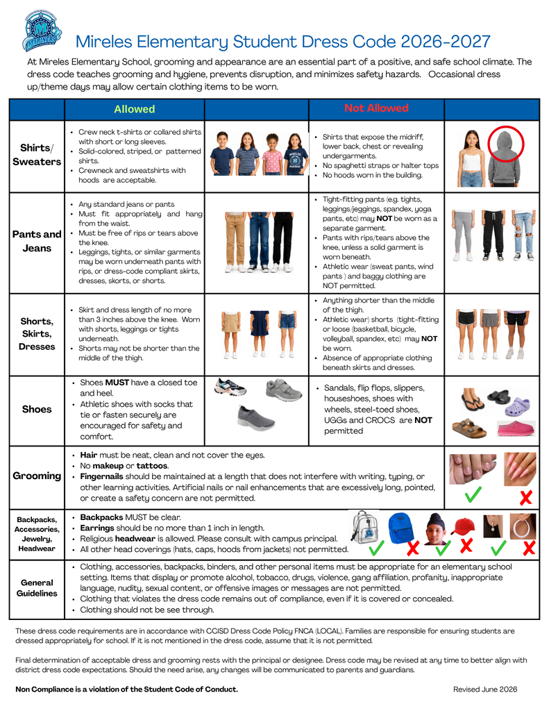 2026-2027 Mireles Elementary Dress Code