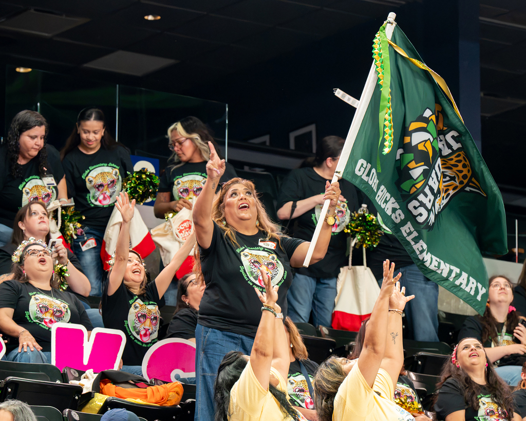 A crowd of people in black t-shirts with a graphic design cheering, with a green flag and mascot in the foreground.
