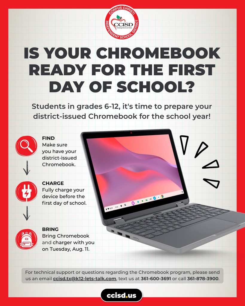 The image has a Chromebook as the focus for the image with reminders for students in grades 6th-12th to bring their charged device to school every day.