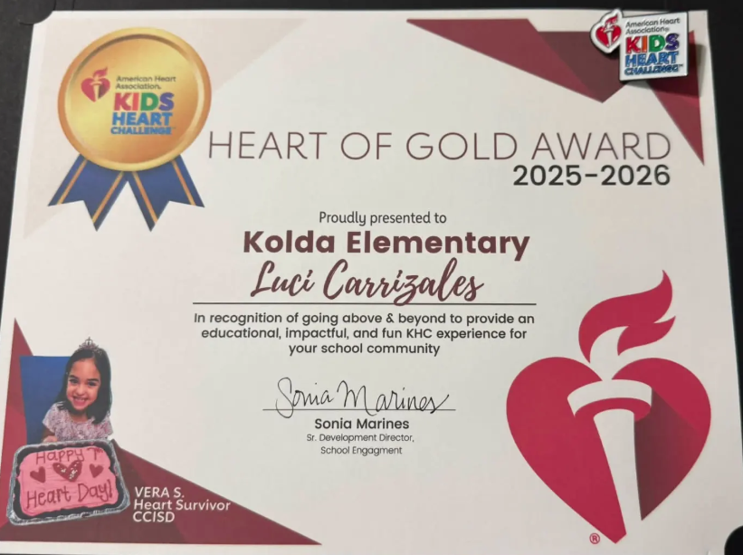 Award certificate with "Heart of Gold Award" and "2025-2026". Recipient name "Luci Carrizales" and school "Kolda Elementary". Image of a young girl and red heart logo.