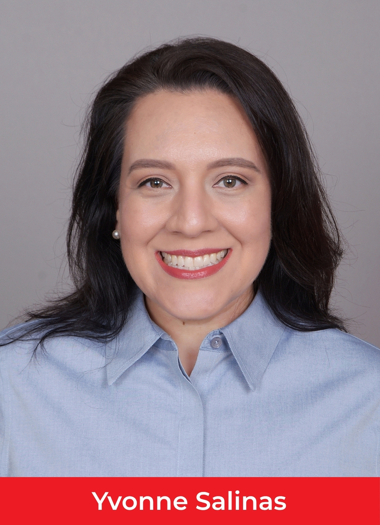 A woman with dark hair smiles at the camera. She wears a light blue shirt. Name reads "Yvonne Salinas" at bottom.