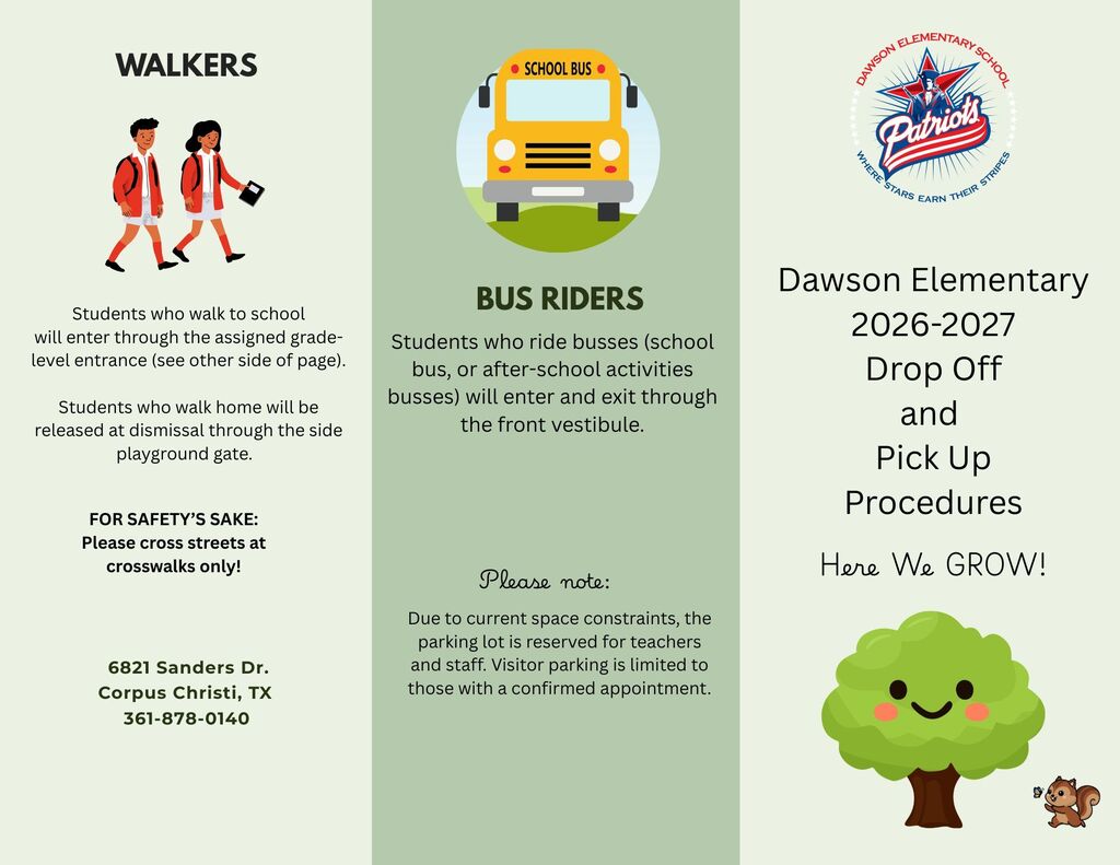 Trifold brochure for Dawson Elementary with three sections. Section one shows two people walking, Section two shows a yellow school bus, and Section three shows a tree.