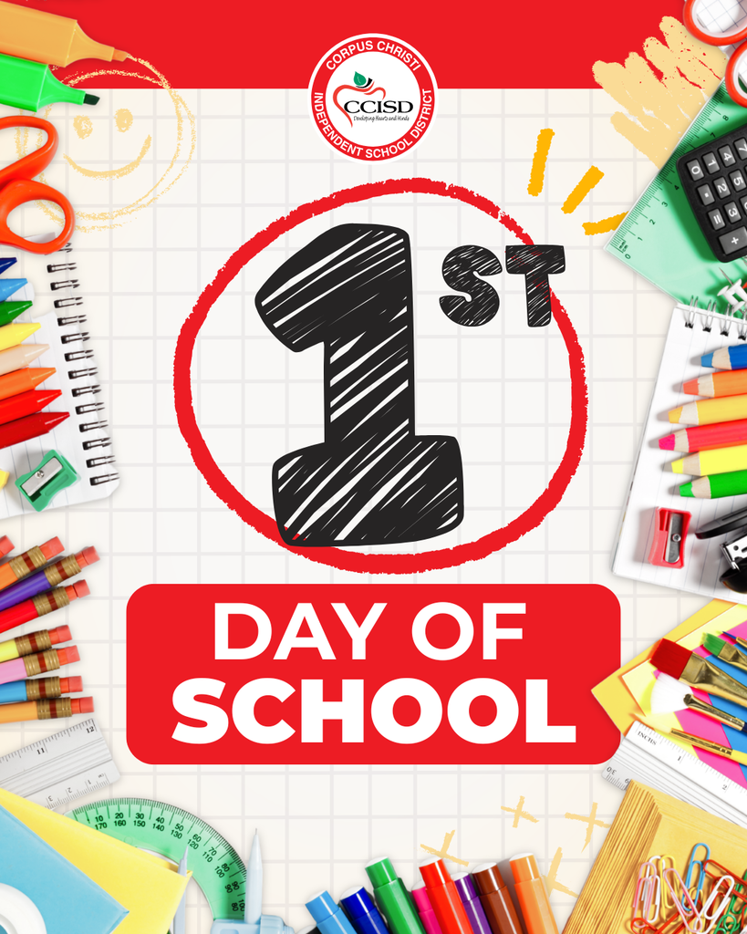 First day of school banner with colorful school supplies, a notebook, a ruler, scissors, and a calculator.