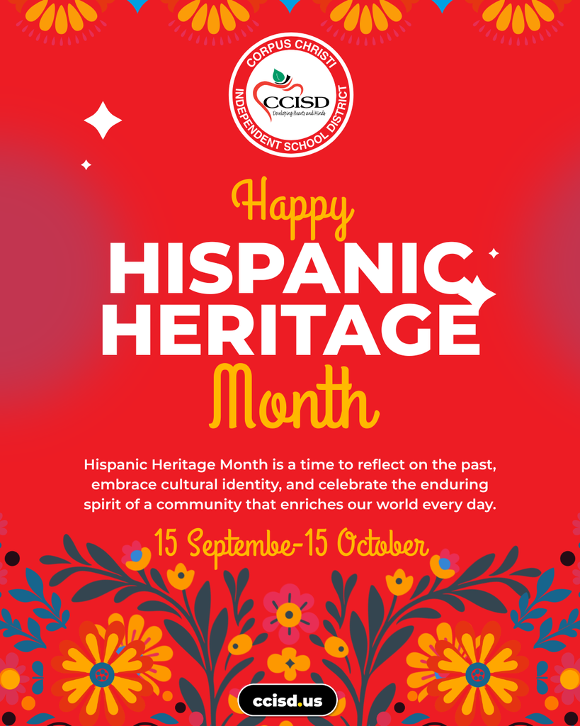 Red poster celebrating Hispanic Heritage Month. Text reads "Happy Hispanic Heritage Month" with dates "15 September-15 October". Logo at top.