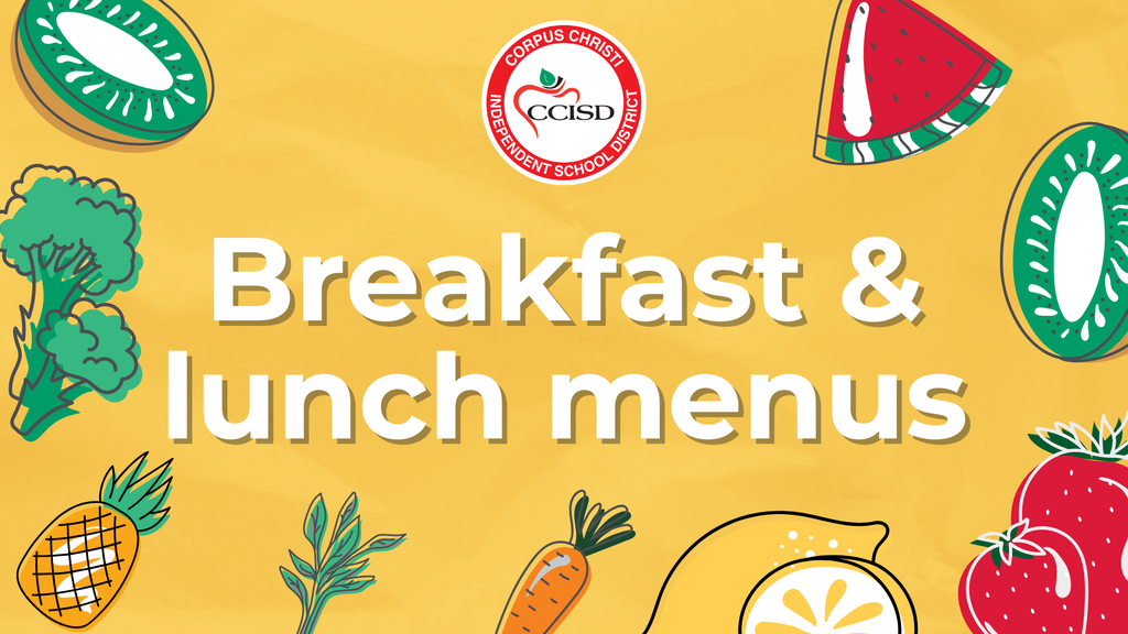 Bright yellow background with various food icons. Icons include fruits, vegetables, and a logo. Text reads "Breakfast & lunch menus."