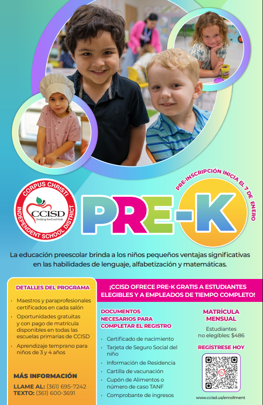 A colorful flyer titled "Pre-K" shows four children smiling. Text highlights program details, requirements, and contact information. A QR code is included for easy access.