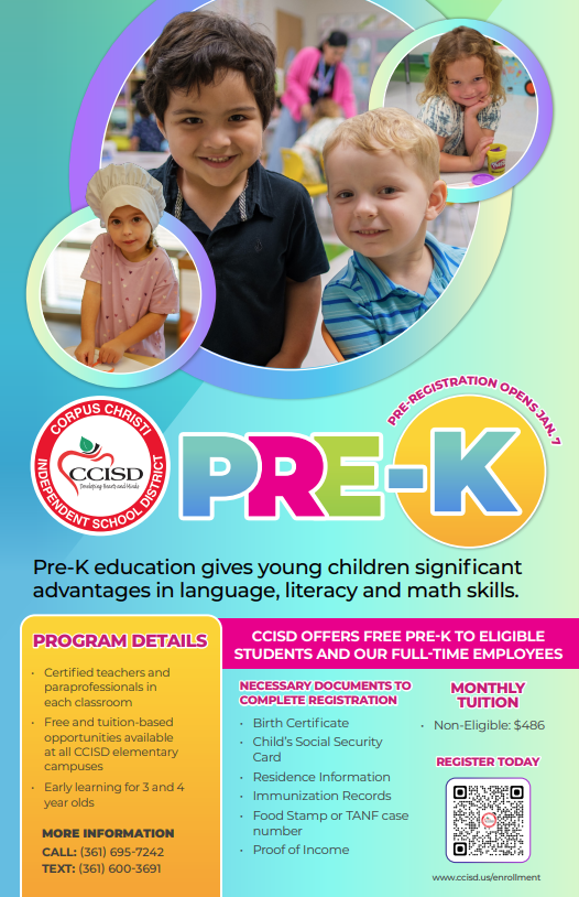 A colorful poster displays images of smiling children. Text reads "Pre-K" with details about eligibility, benefits, and required documents.
