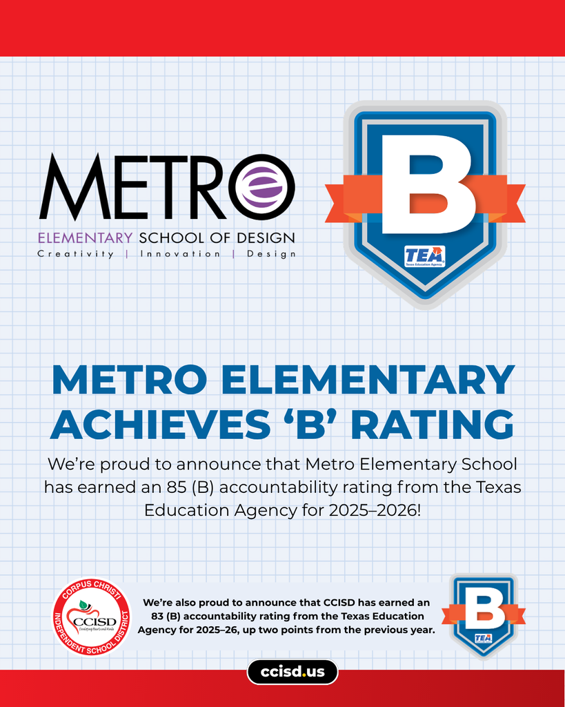 A white and red background with a blue logo. Text states Metro Elementary School achieved a 'B' rating.