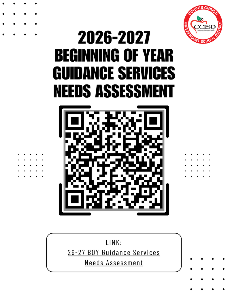 A white background displays a black and white QR code, text reading "2026-2027 BEGINNING OF YEAR GUIDANCE SERVICES NEEDS ASSESSMENT", and a link.