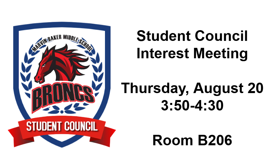 A logo featuring a red horse with a ribbon, and text "BRONCS STUDENT COUNCIL" on white. Below is information about a meeting.