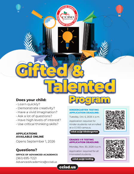 An informational flyer for a gifted and talented program, featuring text, icons, QR codes, and a colorful background.