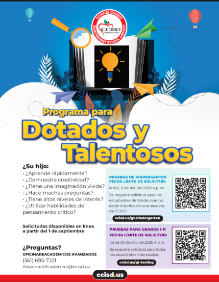 An advertisement poster features a bright bulb and colorful clouds. Text reads "Programa para Dotados y Talentosos". Two QR codes are included.