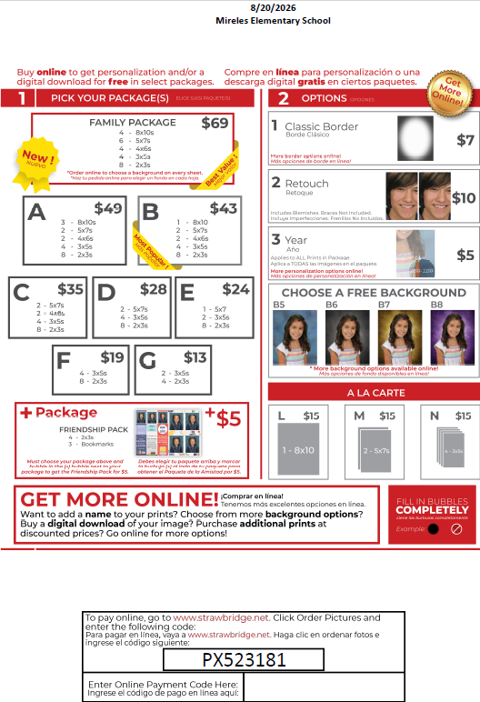 A flyer with price options for family packages, backgrounds, and other features. The top section lists family packages from $69. Background choices include 1, 2, and 3-year options, priced at $7, $10, and $5.