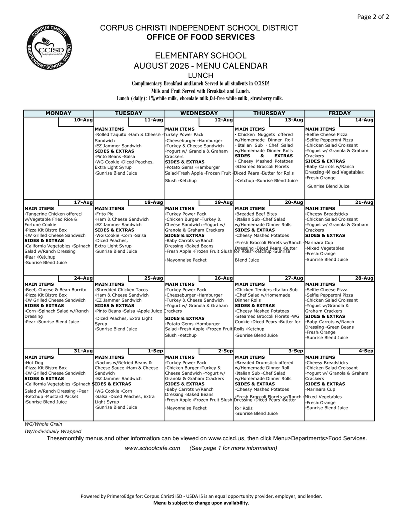 August Lunch Menu