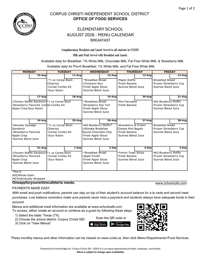 August Breakfast Menu
