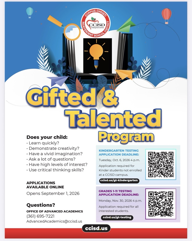 English flyer promoting the application for Gifted & Talented testing with a QR code.