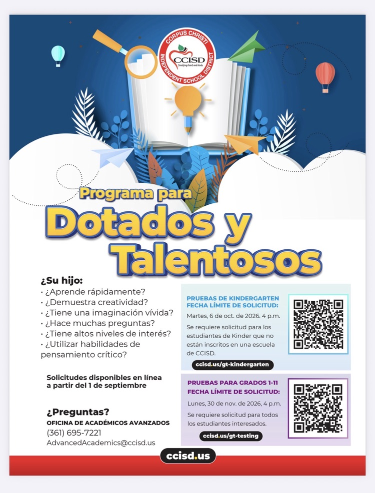 Spanish flyer with information for gifted and talented tearing with a QR code.