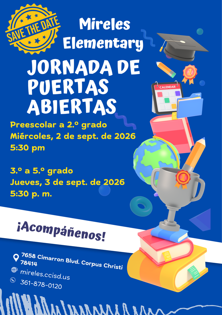 An invitation for Mireles Elementary's Open House event, featuring icons like a graduation cap, books, and a globe.