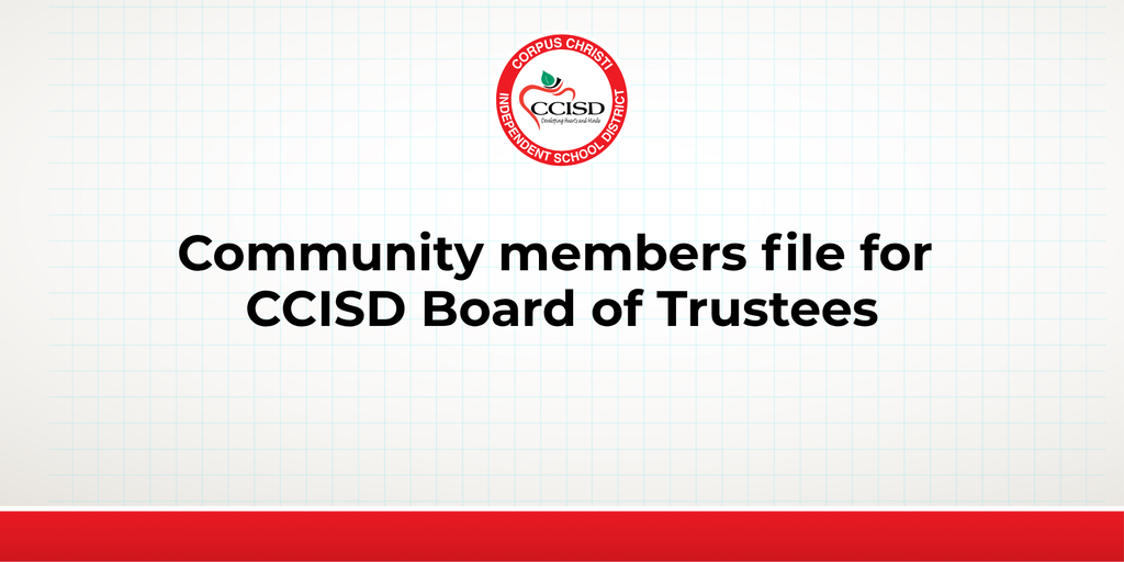Text reads "Community members file for CClSD Board of Trustees". A logo with the word "CClSD" and a graphic of a tree is on the top.