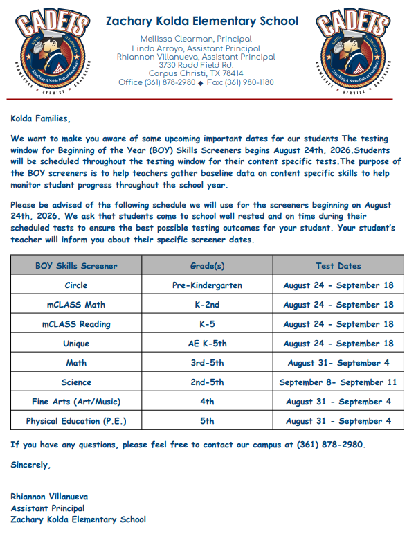 A document from Zachary Kolda Elementary School with the heading "BOY Skills Screener" and dates for the pre-Kindergarten to 5th-grade screening.