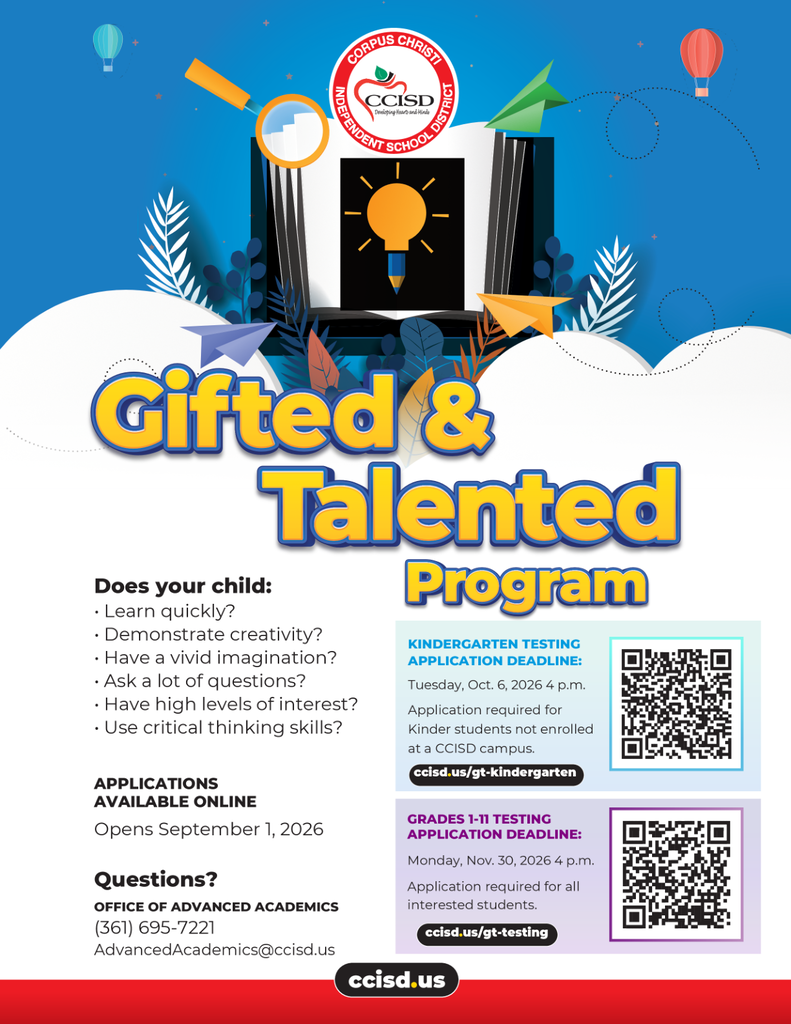 Poster with "Gifted & Talented Program" title and icons of light bulb, book, question mark, and hot air balloons. It lists program dates, details, and QR codes.