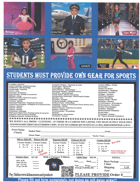 A document contains sports images and text, including a list of sports and the gear students must provide.