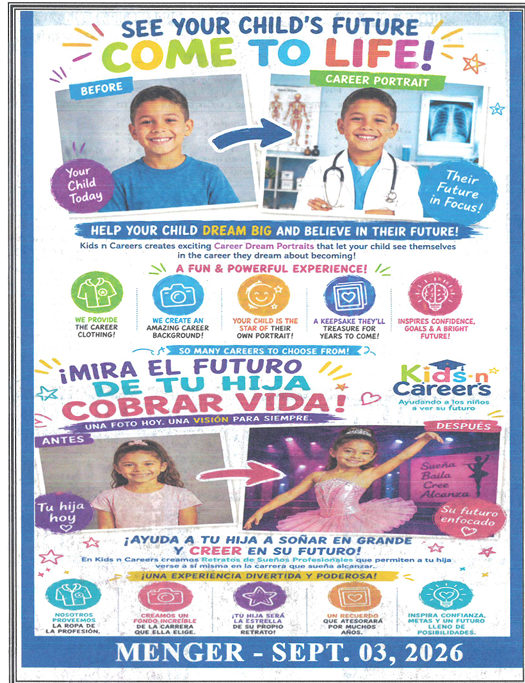 Advertisement for a children's career event with images of kids and future professions. Text includes "See Your Child's Future Come to Life!" and "Mira El Futuro De Tu Hija Cobrar Vida!"