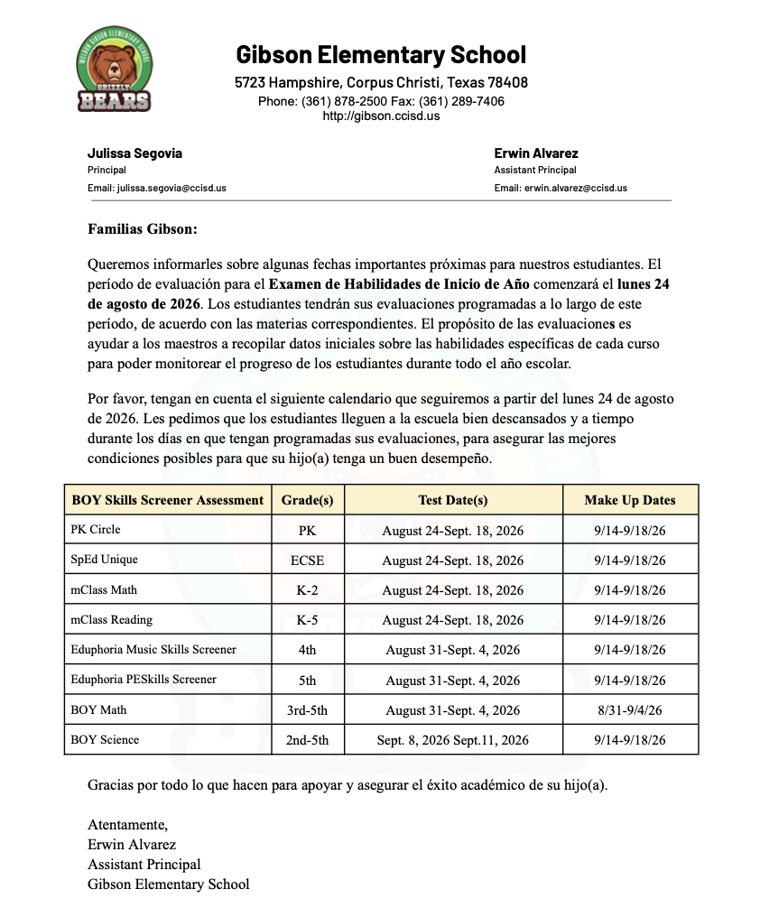 Document with "Gibson Elementary School" heading shows a table listing tests and dates, including "BOY Skills Screener Assessment", "BOY Math", and "BOY Science".