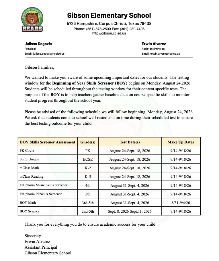 A document titled "Gibson Elementary School" features a table listing dates and times for student testing and assessments.