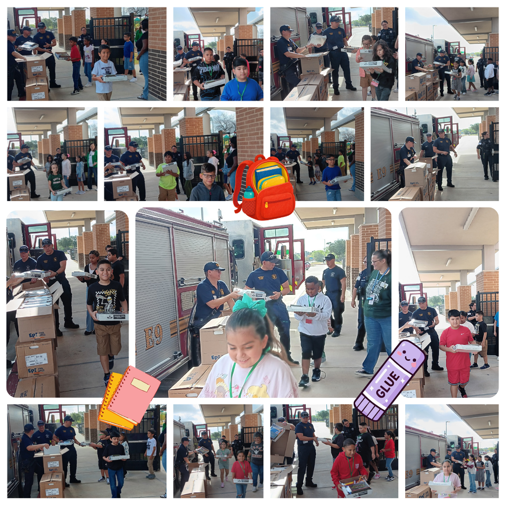 Multiple photos of a group of people loading boxes and backpacks, delivering boxes, and children walking in a hallway.