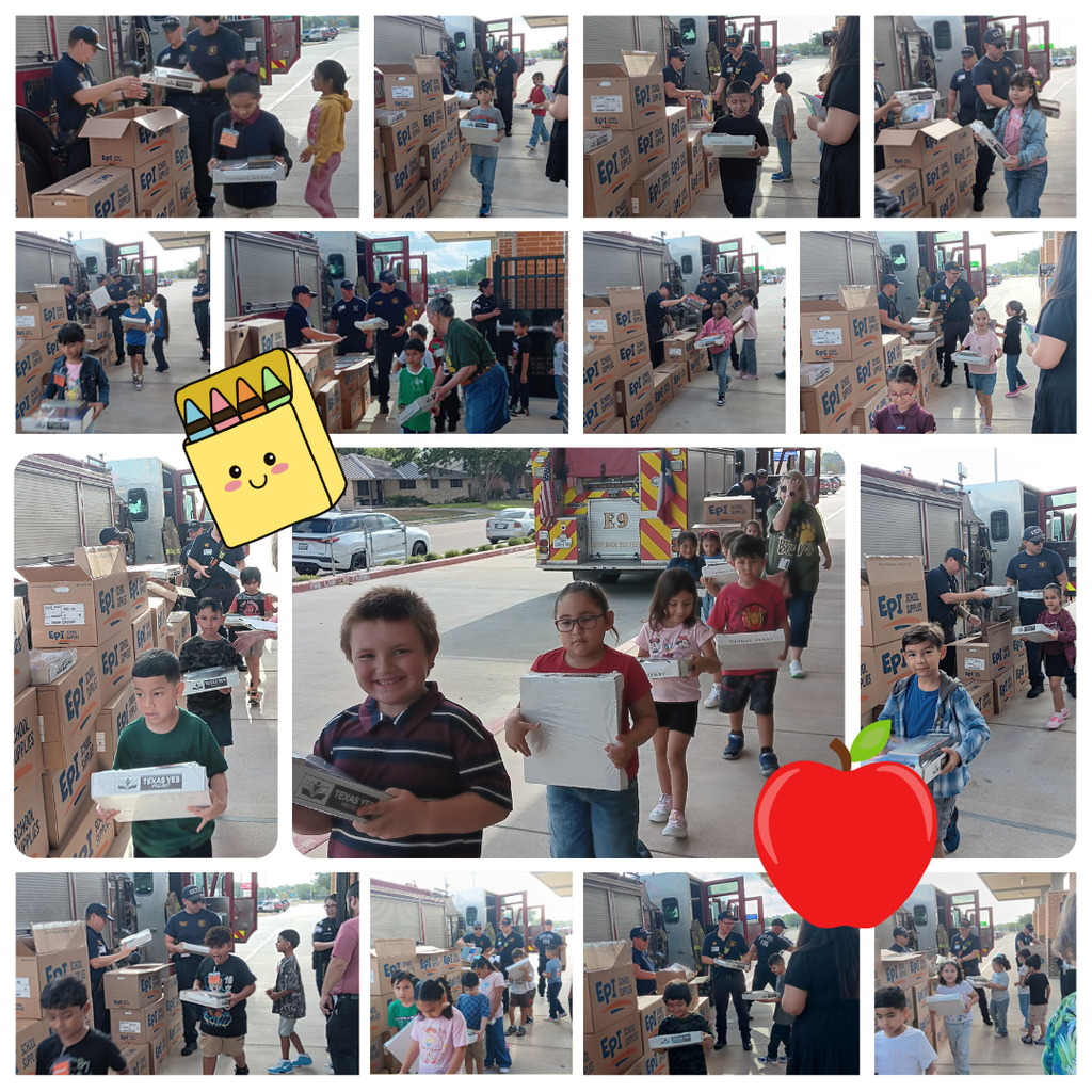 Collage of students receiving school supplies from firefighters. Boxes, a fire truck, and a red apple are shown.