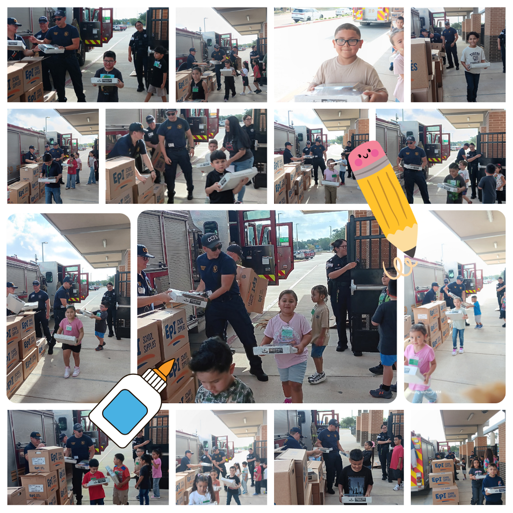 A series of photos showing emergency services, firefighters, and children engaged in a distribution event.