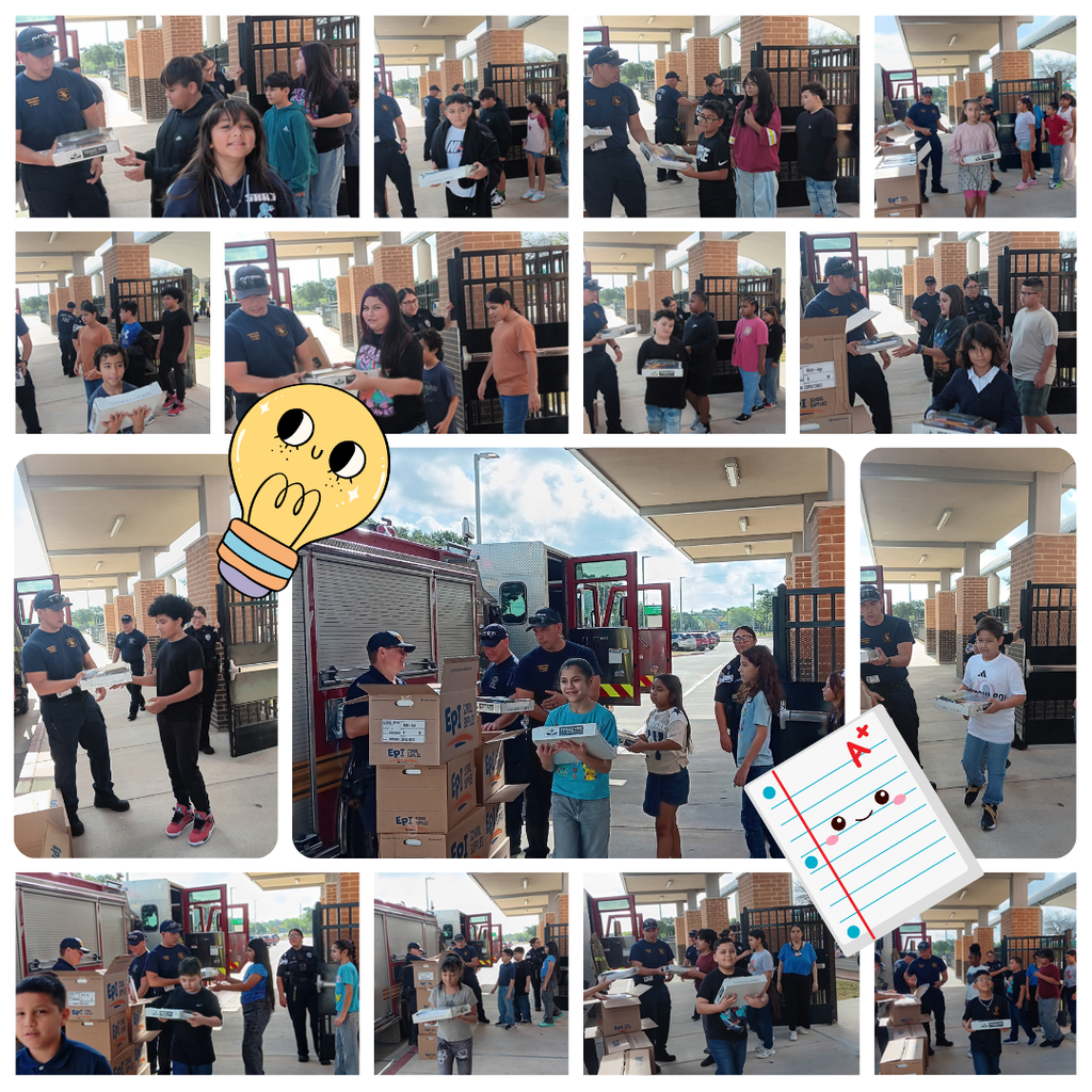 A collage of photos showing adults and children in front of a building. Some are holding boxes or papers.